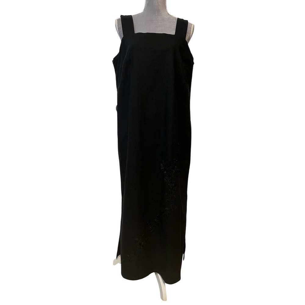 Vintage 90s Y2K Black Sleeveless Linen Blend Embroidered Maxi Dress Pinafore 16W